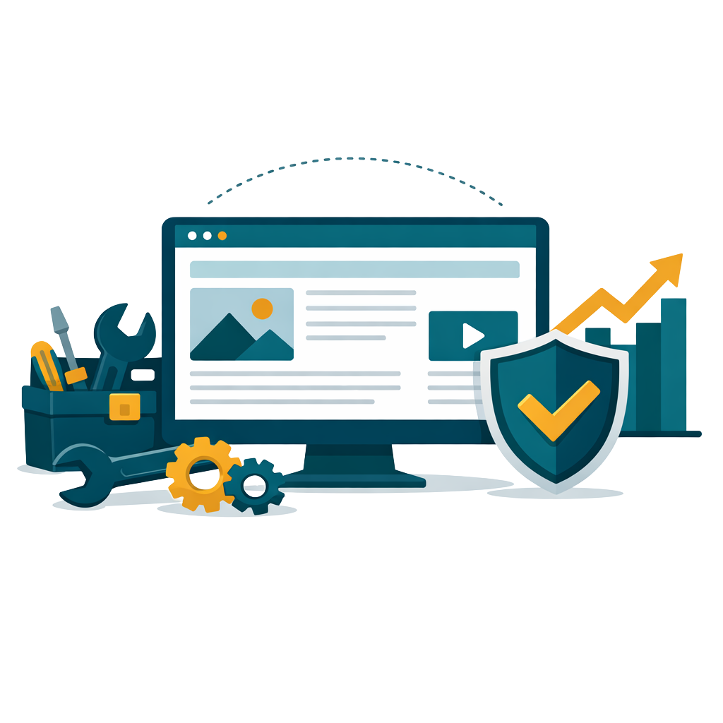 Website management tools including shield, wrench, analytics and security monitoring illustration