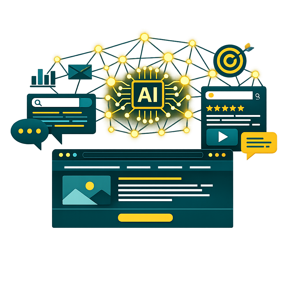 GEO and AI search visibility illustration showing interconnected search and AI network - transparent background