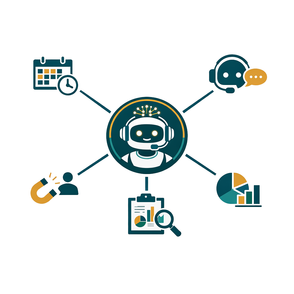 AI agent hub connected to scheduling, customer service, leads, and reporting icons illustration