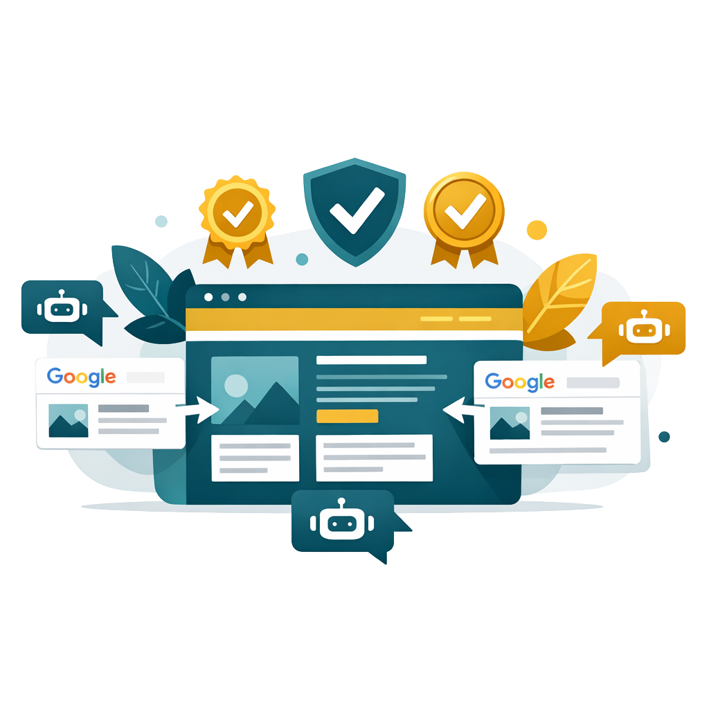 Business website earning citation badges from AI tools and search engines illustration