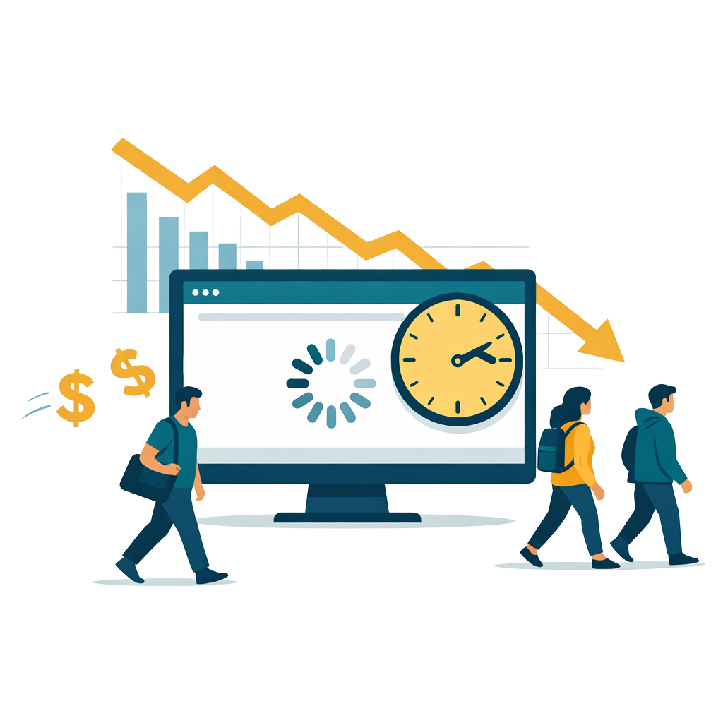 Slow website with loading spinner, falling revenue, and users walking away illustration