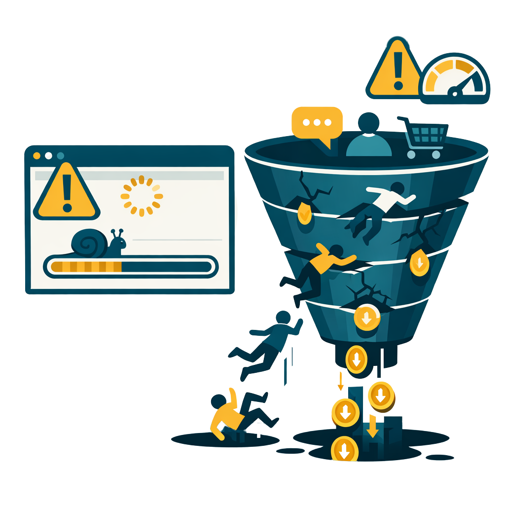 Website with warning signs and leads falling through a broken funnel illustration