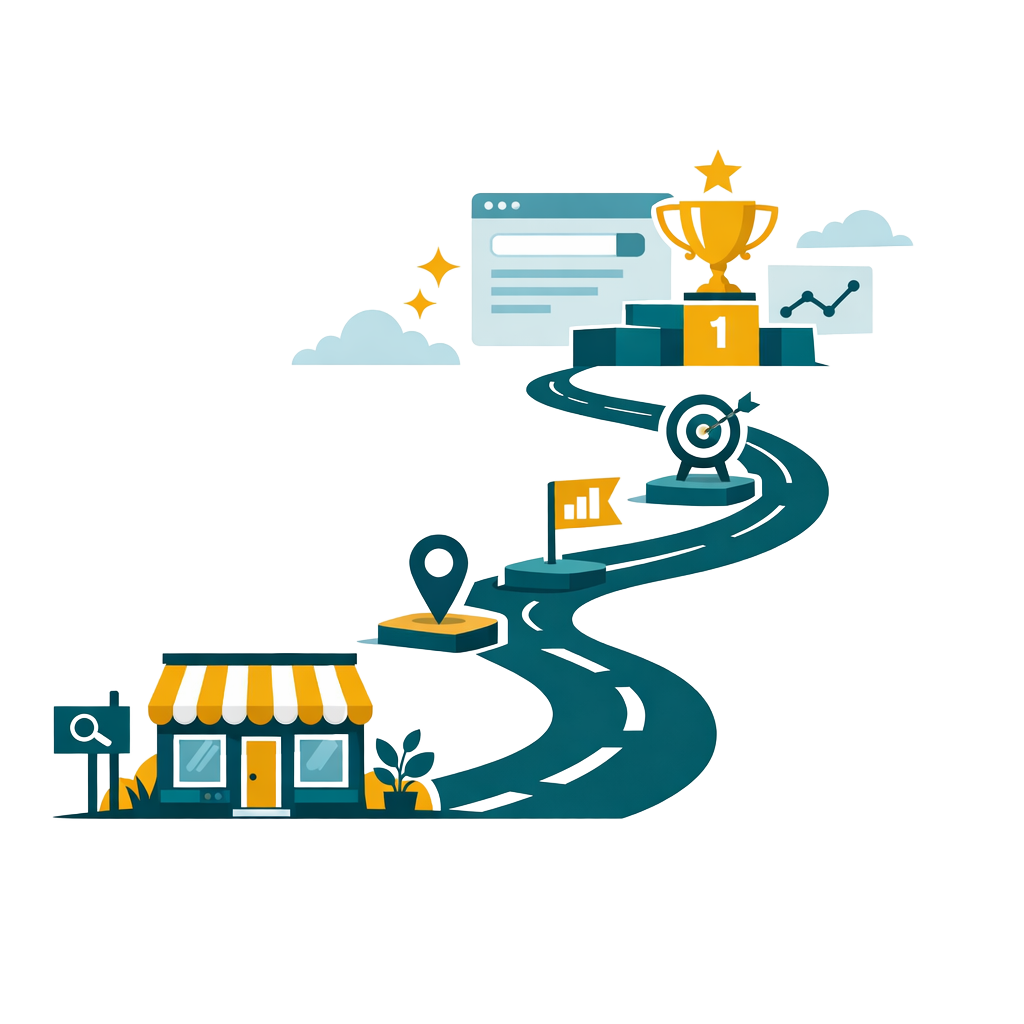 Small business storefront on a winding road leading to top search rankings and success