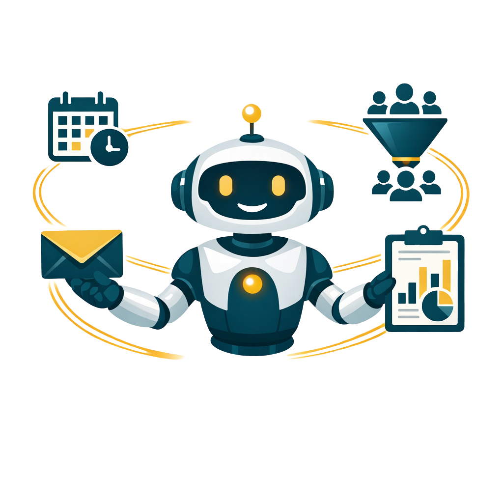 Friendly AI robot automating business tasks for small business owners illustration